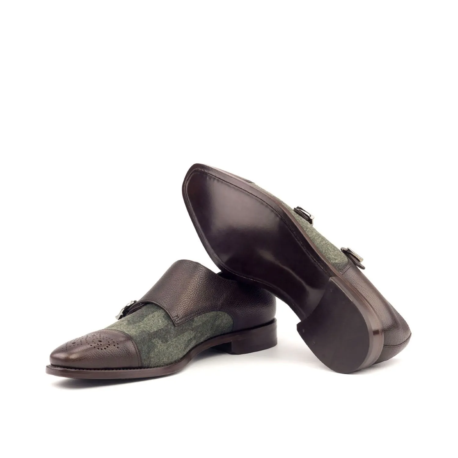 Ambrogio Bespoke Custom Men's Shoes Green & Dark Brown Fabric / Full Grain Leather Monk-Straps Loafers (AMB1946)