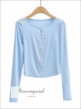 Blue Single Breasted Translucent Long Sleeved Crop T-shirt Ribbed top