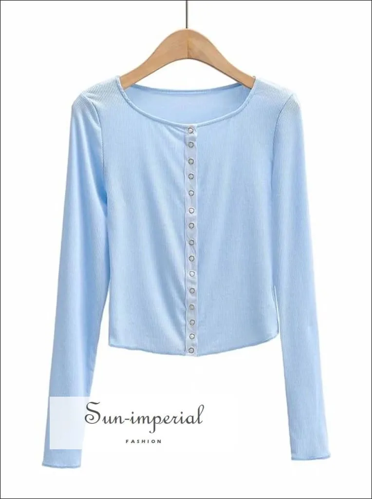 Blue Single Breasted Translucent Long Sleeved Crop T-shirt Ribbed top