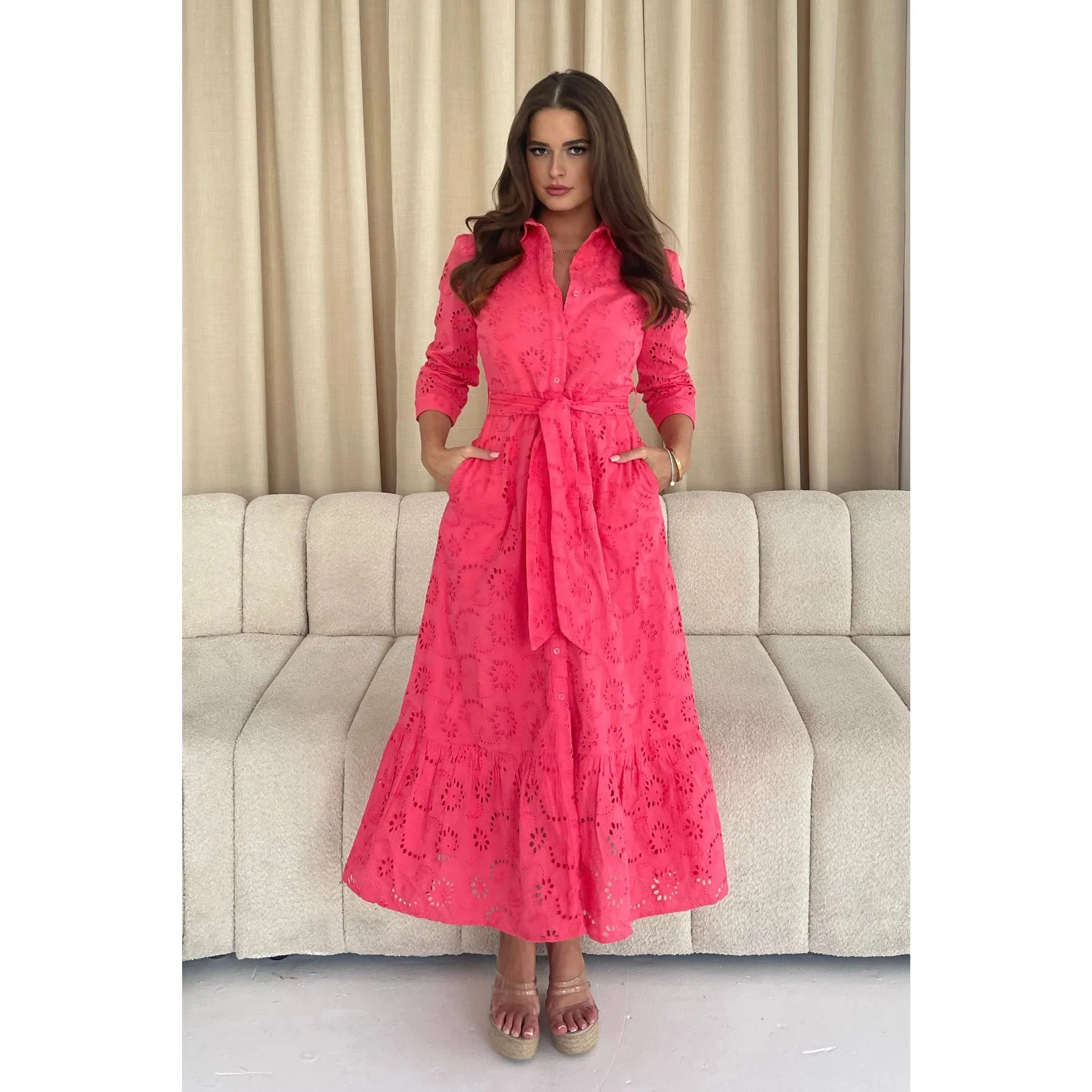 Coral Pink Broderie Anglaise Long Shirt Dress with Pockets