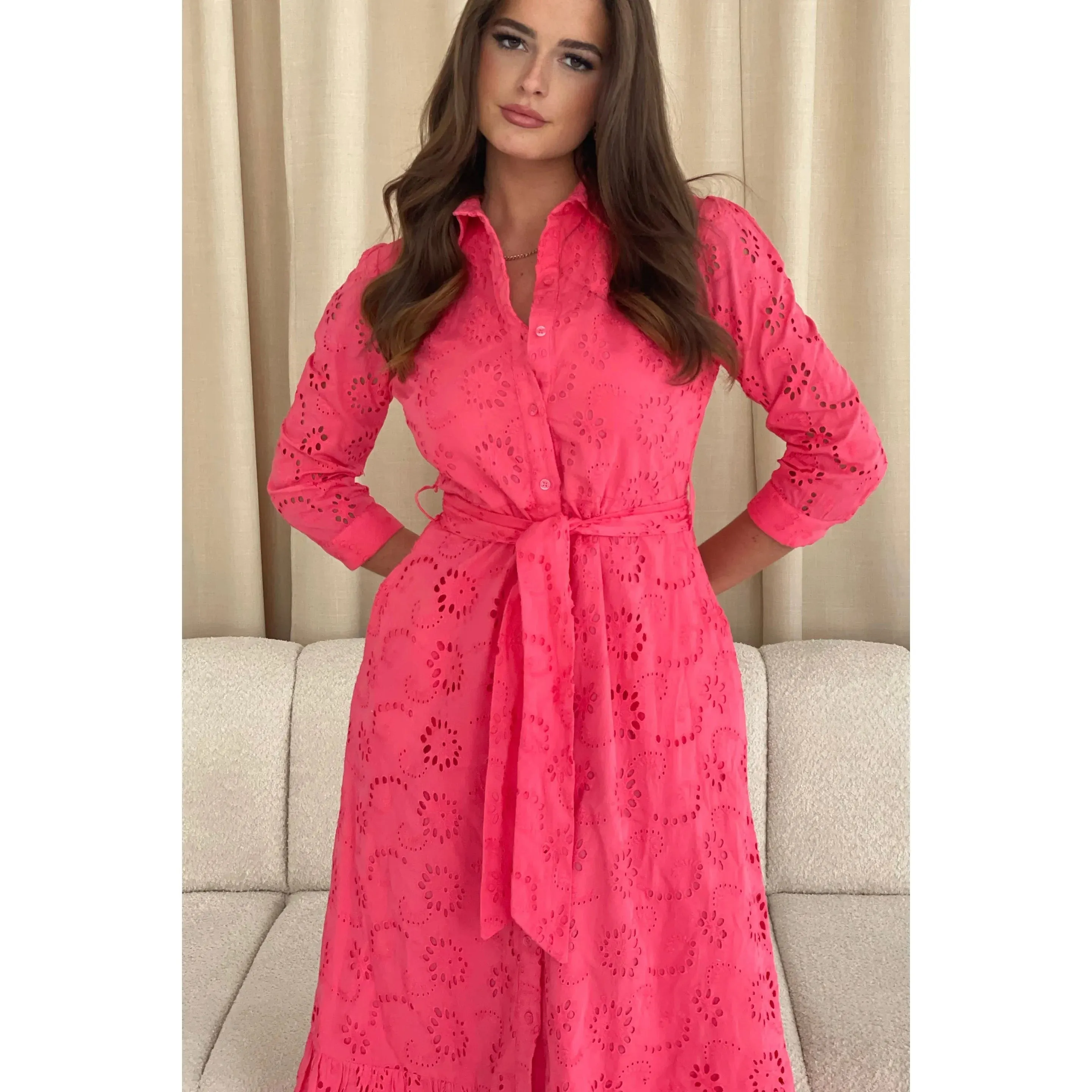 Coral Pink Broderie Anglaise Long Shirt Dress with Pockets