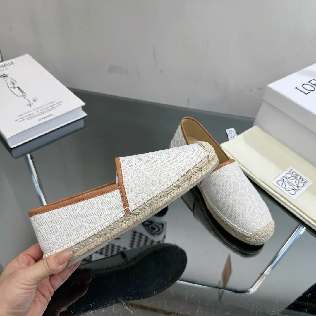 Loew Anagram Espadrille White Brown Leather and Canvas