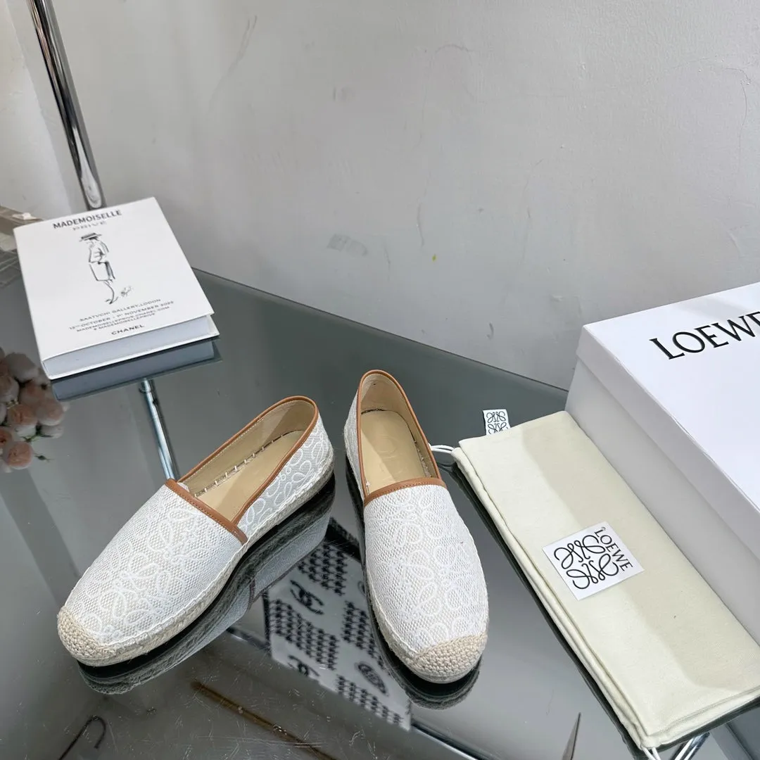 Loew Anagram Espadrille White Brown Leather and Canvas