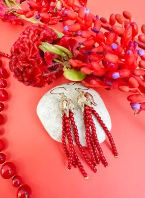 Red Coral Beaded Tassel Earrings JE006