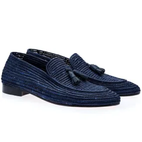 SUPERGLAMOUROUS Melilla Rafia Men's Shoes Navy Fabric Tassel Loafers (SPGM1058)